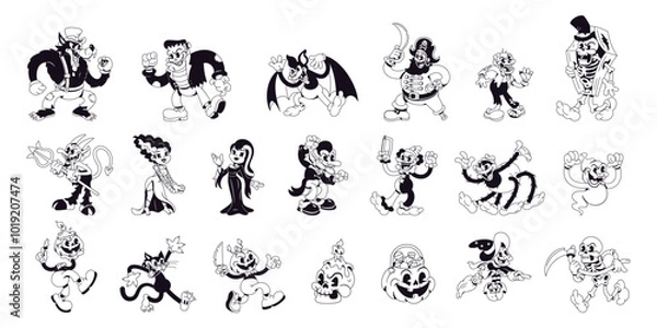 Fototapeta Vector Halloween Retro Cartoon Characters Style Groovy Set Illustration Isolated