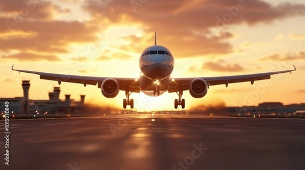 Fototapeta An airplane majestically taking flight near an airport during a spectacular sunset, illustrating the fusion of technology and the beauty of twilight skies.