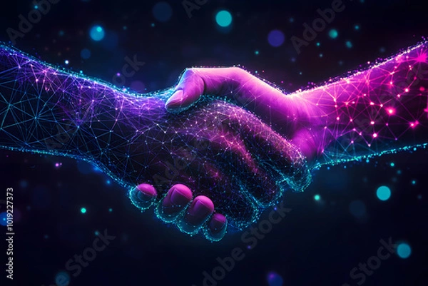 Obraz Two hands shaking in the shape of an abstract digital network  design, symbolizing collaboration and business, against a blue background with geometric patterns