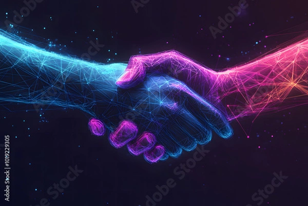 Obraz Two hands shaking in the shape of an abstract digital network  design, symbolizing collaboration and business, against a blue background with geometric patterns