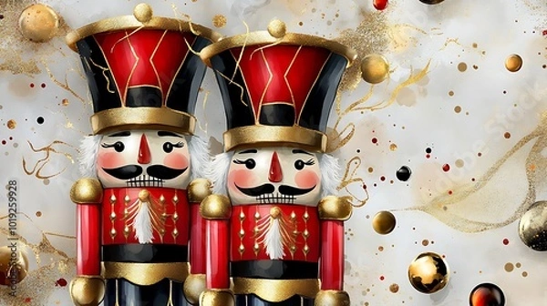 Fototapeta Christmas Nutcracker Ornaments  Gold Glitter Background  Holiday Decor