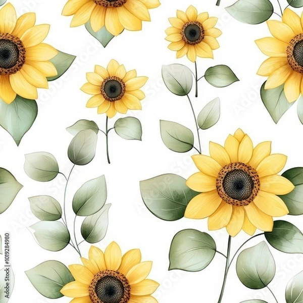 Fototapeta Simple watercolor sunflowers with minimal details, soft yellow petals on a pale cream background, seamless design