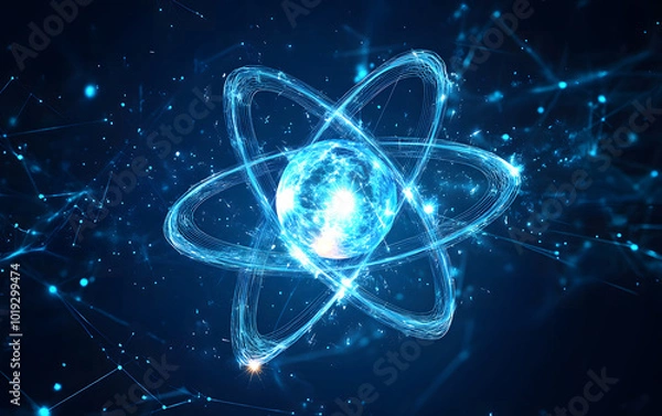 Fototapeta A blue background design with a glowing atom in the center symbolizes energy and the science of physics design