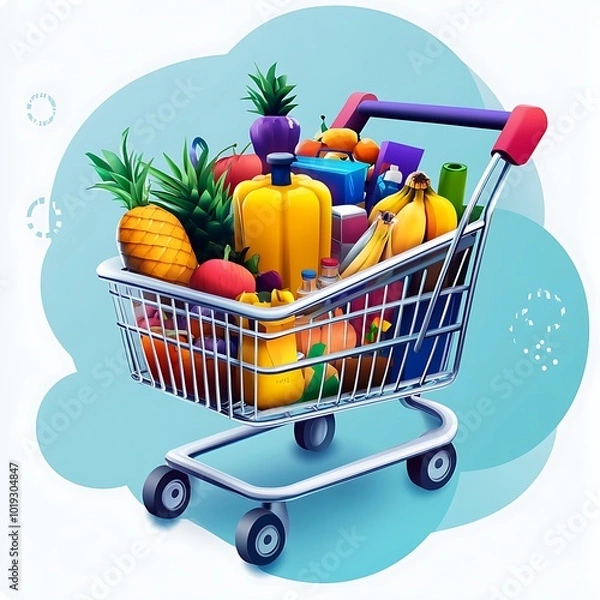 Obraz A shopping cart filled with various groceries and products, symbolizing shopping and daily needs.