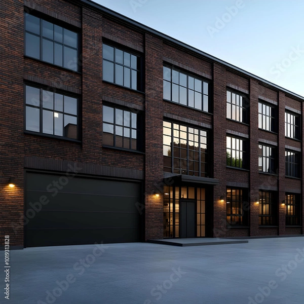 Obraz Modern industrial brick building with large windows at dusk, featuring a sleek entrance and an expansive outdoor space.