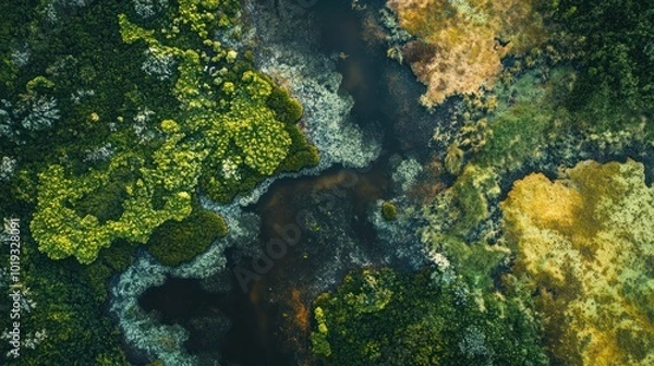 Obraz Aerial View of Lush Green and Yellow Mossy Landscape