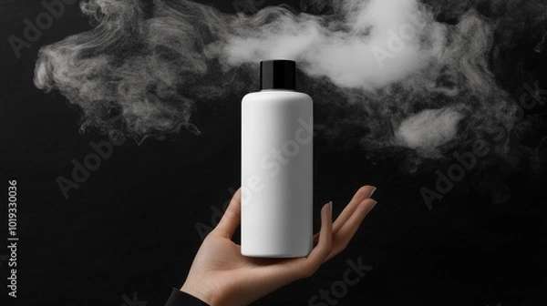Fototapeta White shampoo bottle is held by the woman's hand, with the black background of her blonde hair in front of her face being the main focus. Plain product for mockup