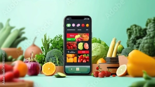 Fototapeta Smartphone displaying a food delivery app with fresh produce surrounding it.