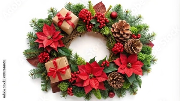 Obraz A Festive Wreath Embellished with Evergreen, Red Berries, Pine Cones, Poinsettia Blooms, and Wrapped Gifts