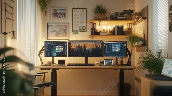 Fototapeta Modern home office with standing desk and monitors