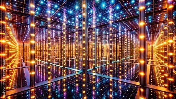Fototapeta A kaleidoscope of light, reflected in a mirrored maze, creates an infinite expanse of dazzling patterns, mesmerizing and hypnotic.