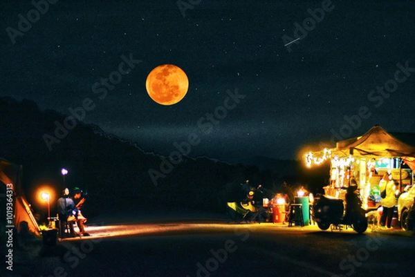 Fototapeta Campsite with moonlit, surrounded by twinkling stars, ideal for peaceful retreats in nature.