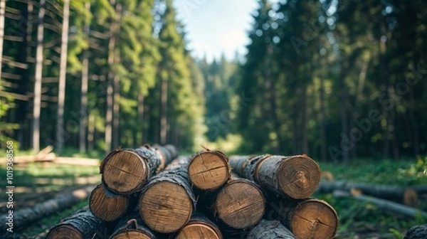 Fototapeta A pile of freshly cut logs in a forest clearing, highlighting natural resources, timber harvesting, and forestry industry in a lush woodland setting..