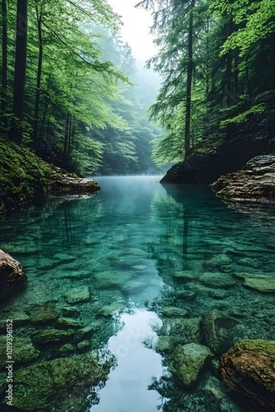 Fototapeta A serene forest lake with crystal clear water and a misty backdrop. The water is so clear that the rocks at the bottom are visible.