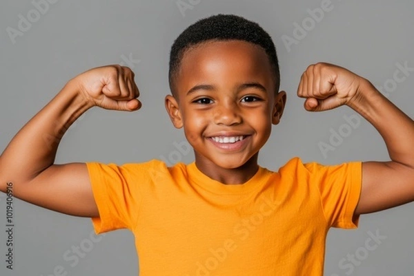 Fototapeta Confident and Empowered: A Smiling Boy Flexing His Muscles