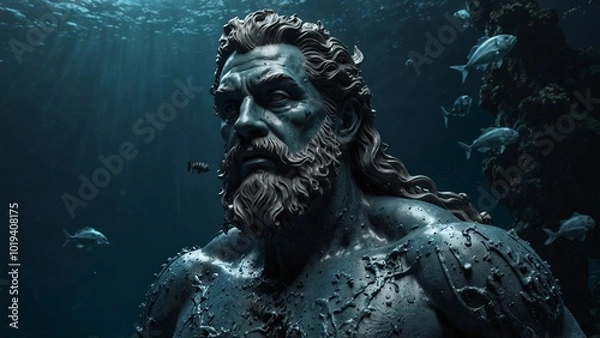 Fototapeta Sculpt Poseidon exploring the ocean depths with underwater machines, set against oceanic technology and deep-sea creatures, symbolizing the symbiosis of technology and nature.