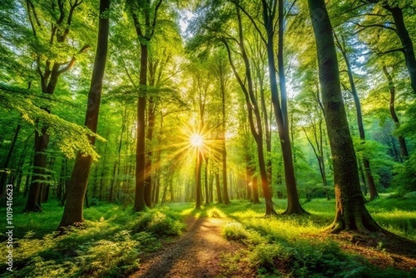 Fototapeta Tranquil Forest Scene with Lush Green Trees, Sunlight Filtering Through Leaves, and Serene Atmosphere