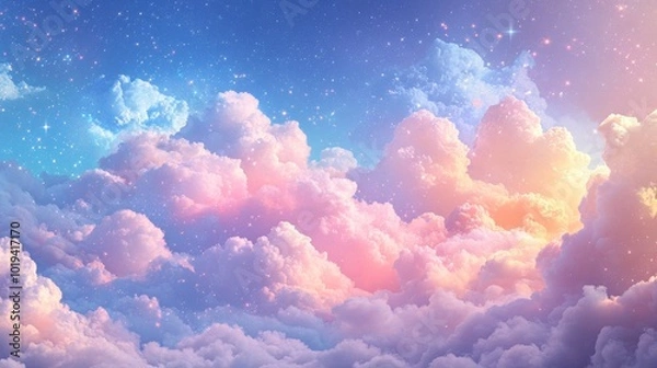 Fototapeta A dreamy sky with pastel clouds and twinkling stars.