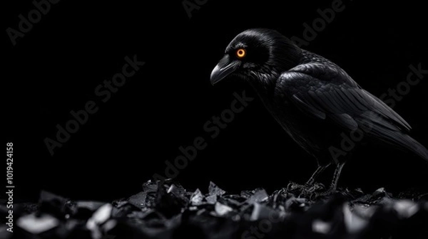 Fototapeta A black bird standing on shards of glass against a dark background.