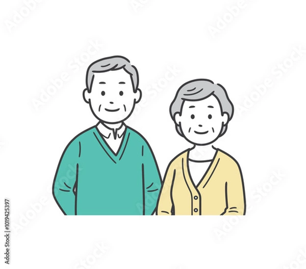 Obraz 老夫婦が並んで立っている上半身イラスト
