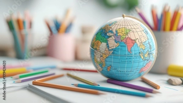 Fototapeta Globe with scattered pens and pencils on a desk, global learning concept, 3D illustration