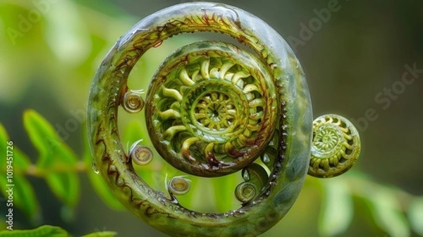 Obraz New tree fern frond, koru symbol. Focus is on the centre on the frond.