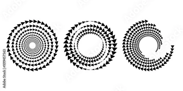 Obraz Set of black triangles in vortex form. Geometric art. Halftone dots. Trendy design element for logo, tattoo, sign, symbol, web, prints, posters, social media, template, pattern and abstract background