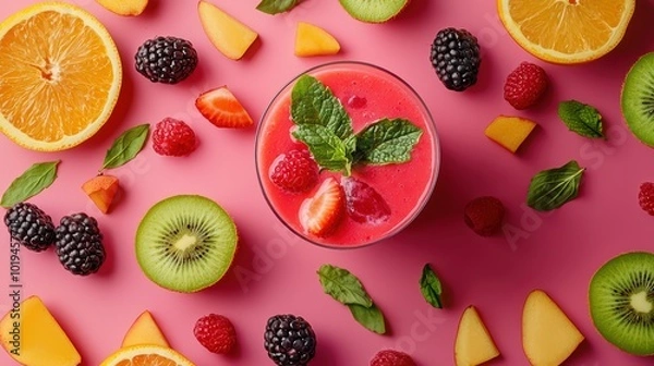 Fototapeta Smoothie. A vibrant smoothie with fresh fruits scattered around, placed on a bright surface, ideal for healthy food or drink advertisements.
