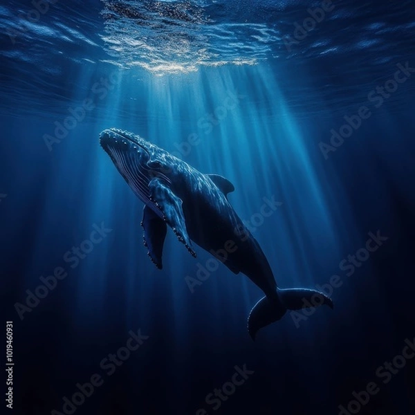 Fototapeta Humpback Whale in Deep Blue: A majestic humpback whale glides gracefully through the depths of the ocean, bathed in ethereal light.  The image evokes a sense of wonder and serenity.