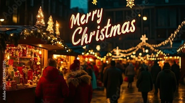 Fototapeta "Merry Christmas" written in a playful font on a backdrop of a bustling Christmas market, with colorful stalls, twinkling lights, and people shopping. The scene is lively and festive.
