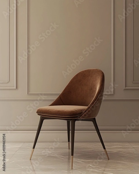 Fototapeta A brown velvet chair with a curved back and black and gold legs sits on a marble floor in front of a wall with moldings.