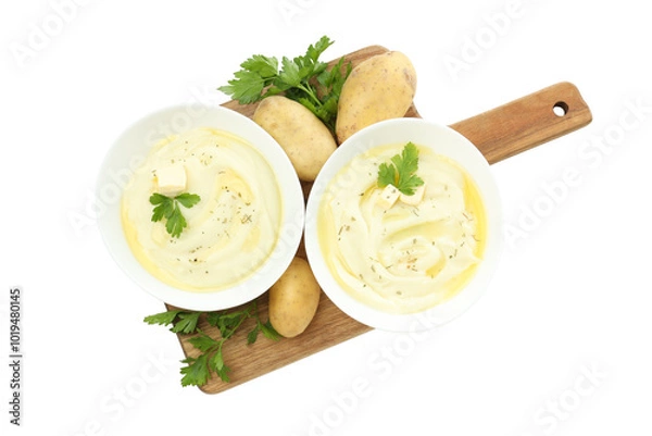 Fototapeta PNG, Mashed potatoes in bowls and potatoes on wooden board, isolated on white background, top view
