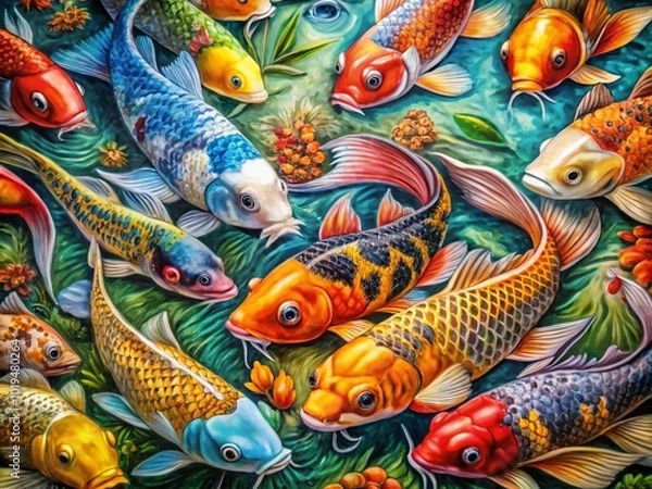 Fototapeta Vibrant Colored Koi Fish Drawing with Intricate Patterns and Artistic Flourishes for Decorative Use