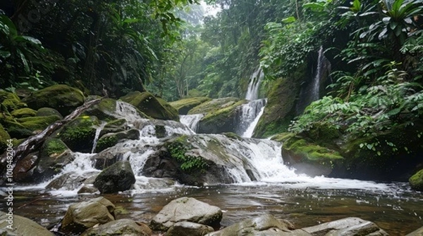 Obraz Water fall between large rocks covered in moss in dense rainforest environment
