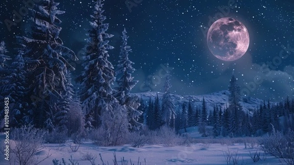 Obraz Winter night with full moon and starry sky. Frost covered trees in a mountain forest. Landscape with fresh snow