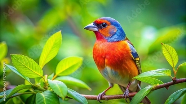 Fototapeta Vibrant Finch in Nature: A Colorful Bird Perched on a Branch Surrounded by Lush Green Foliage