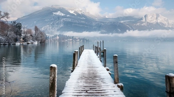Obraz Wooden pier on Annecy lake in winter.