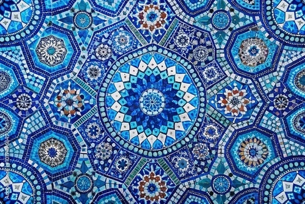 Fototapeta Vibrant Mosaic Blue Pattern Ideal for Backgrounds, Textiles, and Artistic Design Projects