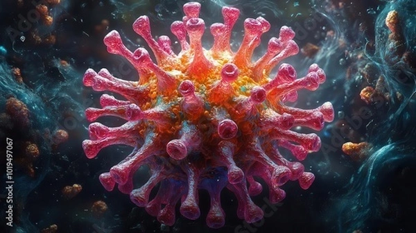Fototapeta 3drendered illustration of a highly detailed virus showcasing its structure and complexity with vibrant colors against a dark background evoking a sense of scientific intrigue