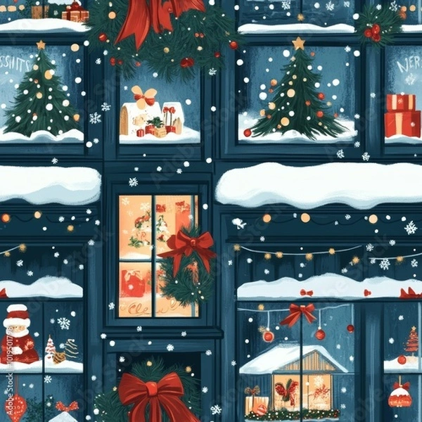 Obraz Festive Winter Windows with Christmas Decorations and Snow
