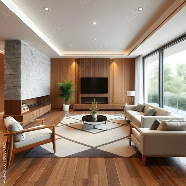 Fototapeta Modern living room, wood, and stone, minimalist style furniture with clean-lined sofas and chairs, a geometric area rug defining the seating area, large windows, potted plant Intricate,Sharp Focus