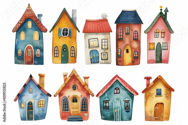 Fototapeta A set of whimsical colorful houses is illustrated in a minimalist style. Each house has its unique design, featuring playful shapes, bright colors, and isolation on a white background.