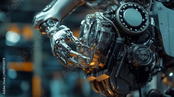 Fototapeta Close up View of Advanced Robotic Arm with Intricate Mechanical Details