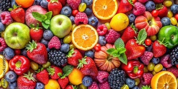 Fototapeta Abstract background featuring a variety of colorful and juicy fruits and berries, fruit, berries, vibrant, abstract, colorful