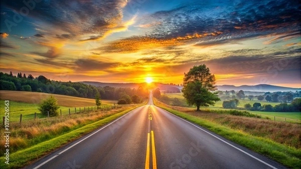 Fototapeta A winding road leading towards the horizon, bathed in the golden glow of a vibrant sunrise, with rolling hills and lush meadows stretching as far as the eye can see.