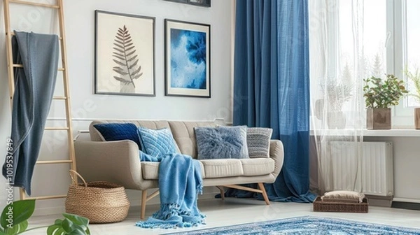 Fototapeta Blue curtain, posters and carpet in living room with blankets on ladder next to sofa with pillows
