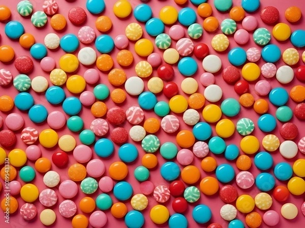 Obraz Assorted colorful candies on a vibrant pink background, showcasing sweet treats and playful design