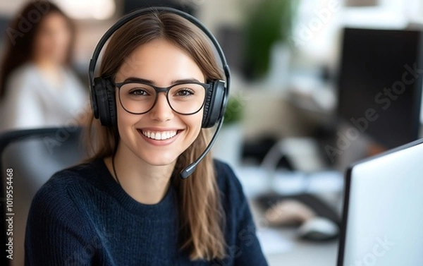 Fototapeta A smiling woman with glasses and a headset sits at a desk, engaging with clients in a modern office environment.