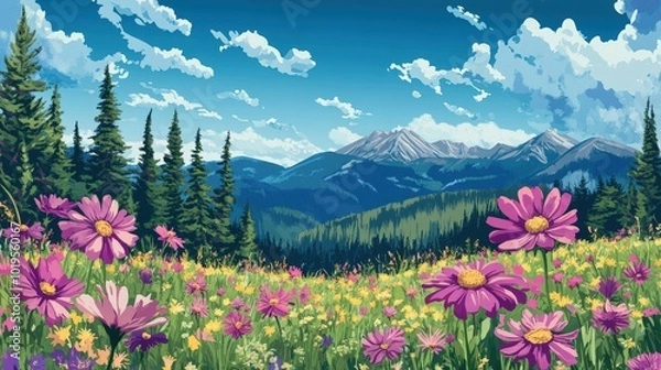 Obraz Pink flowers in a field with mountains in the background.