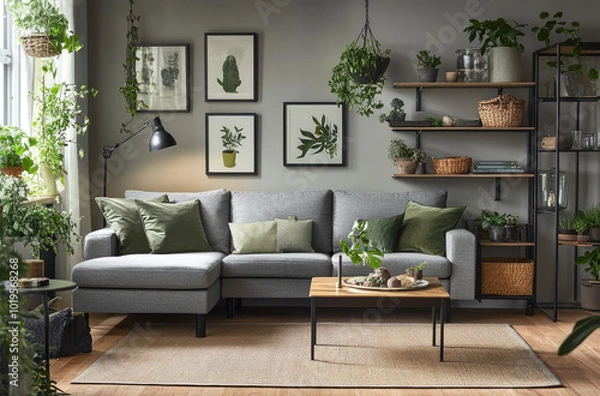Fototapeta A living room with a grey sofa, wooden flooring, and light gray walls. There is an open shelving unit on the right side of the picture displaying various home decor items